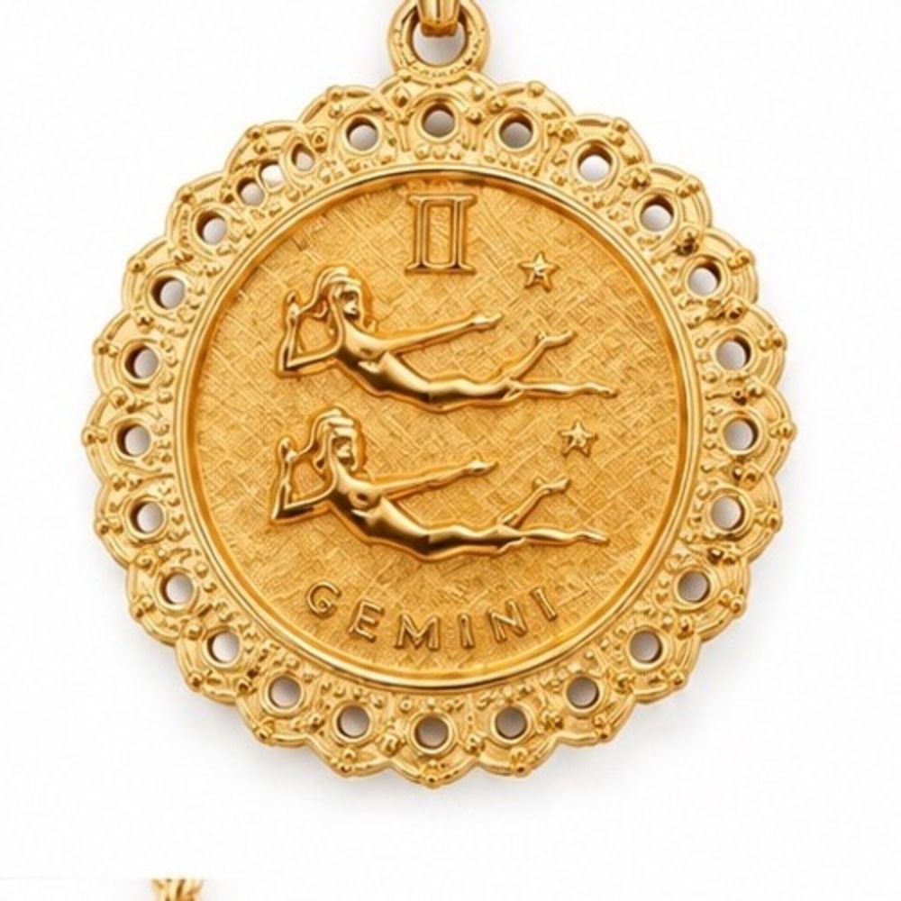 Gemini Zodiac Medallion Necklace Scalloped Coin Pendant Rope Chain Gol Tone